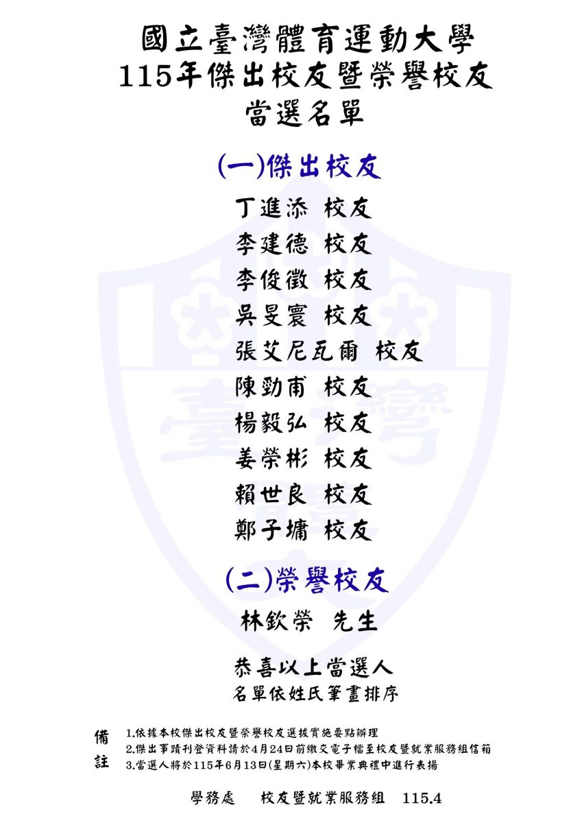 115年傑出校友公告
